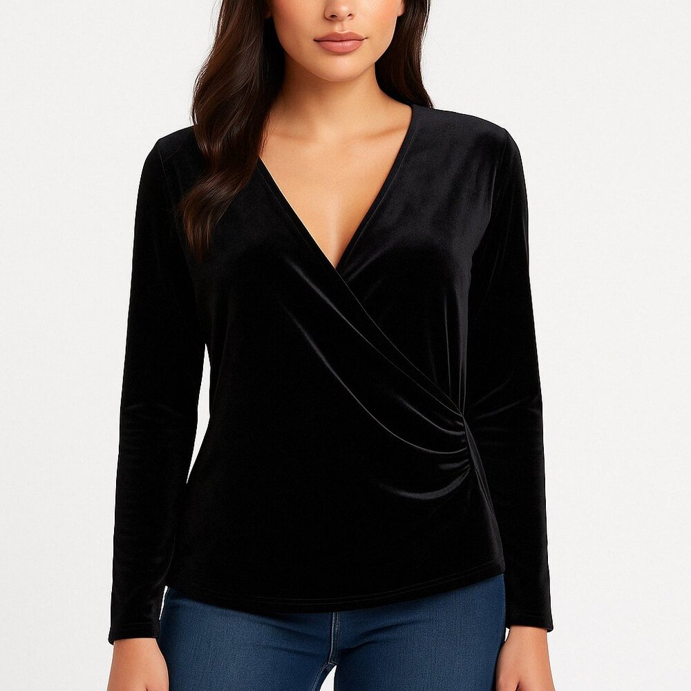 Kasper Women's Black Velvet Wrap Top – Elegant Long Sleeve Blouse XL